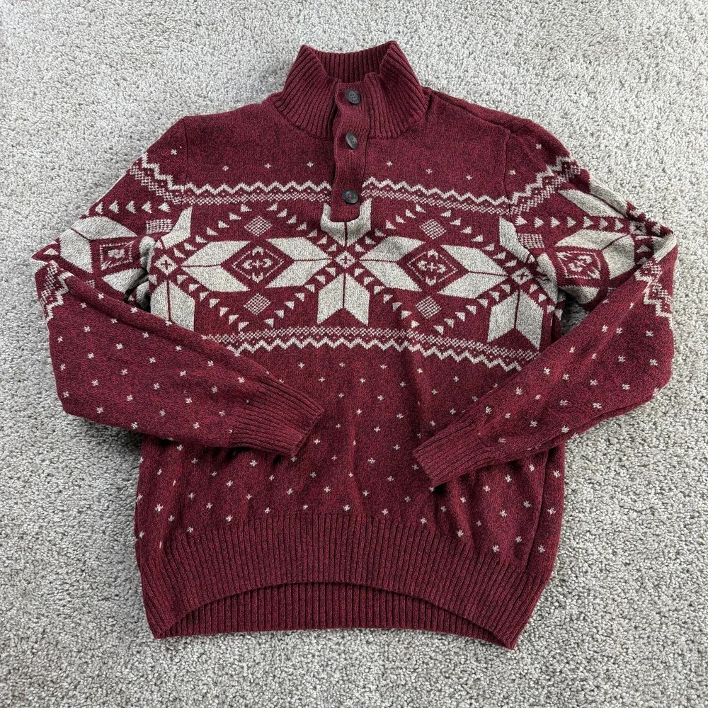 American Eagle Outfitters Y2K Sweater Mens Medium Red Fair Isle Henley Pullover